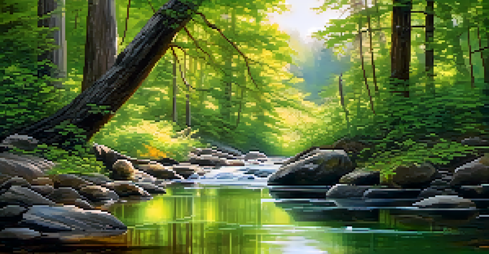A peaceful forest scene with sunlight shining through trees, a stream, and colorful wildflowers.