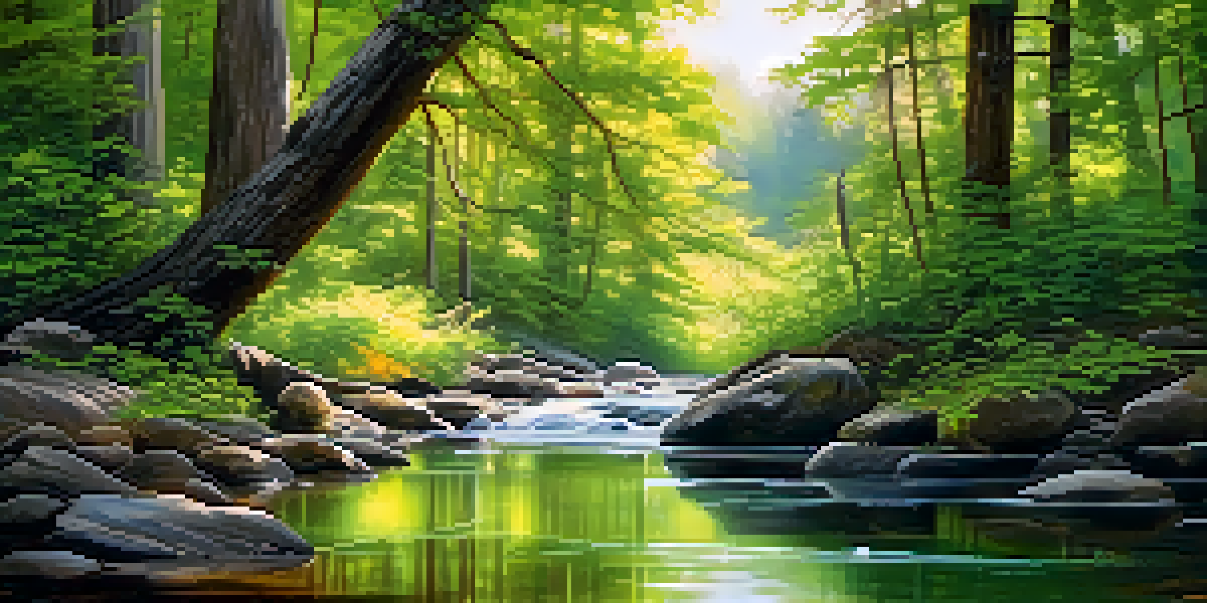 A peaceful forest scene with sunlight shining through trees, a stream, and colorful wildflowers.