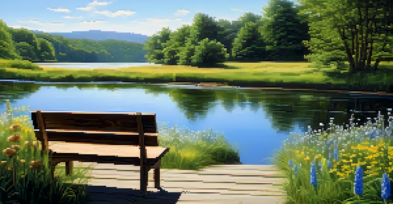 A peaceful natural landscape with a flowing river, vibrant greenery, and a wooden bench in the foreground under a clear blue sky.