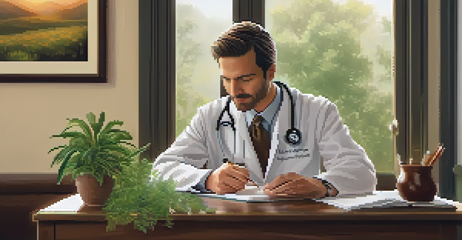 A naturopathic doctor consulting with a patient in a cozy office, with herbal supplements on the desk.