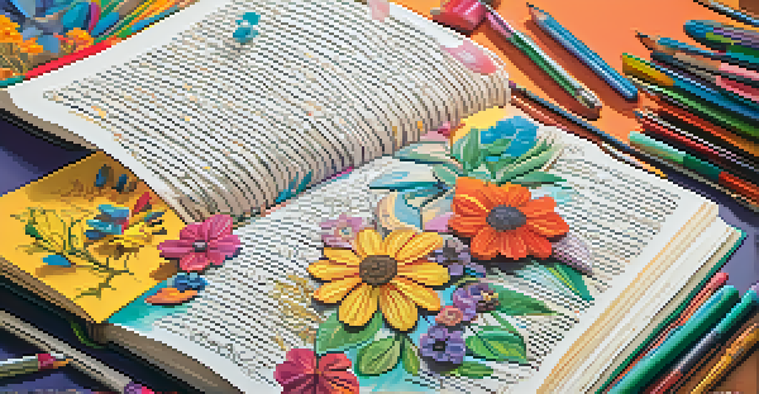 A colorful journal page filled with doodles and emotional expressions, set against a soft-focus nature background.