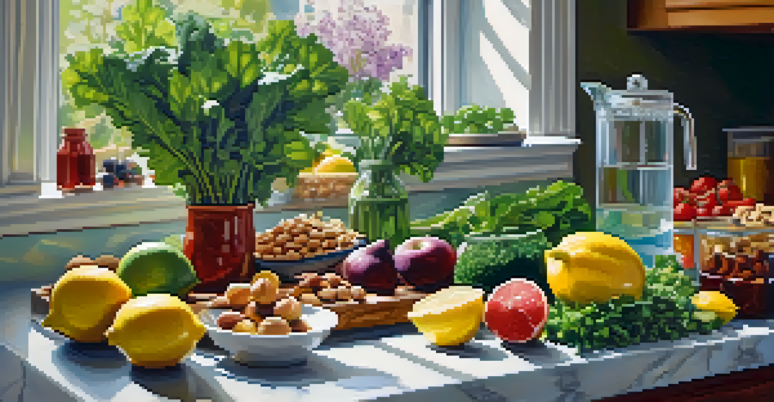 A colorful kitchen countertop displaying fresh whole foods like greens, nuts, and fruits, promoting stress relief.