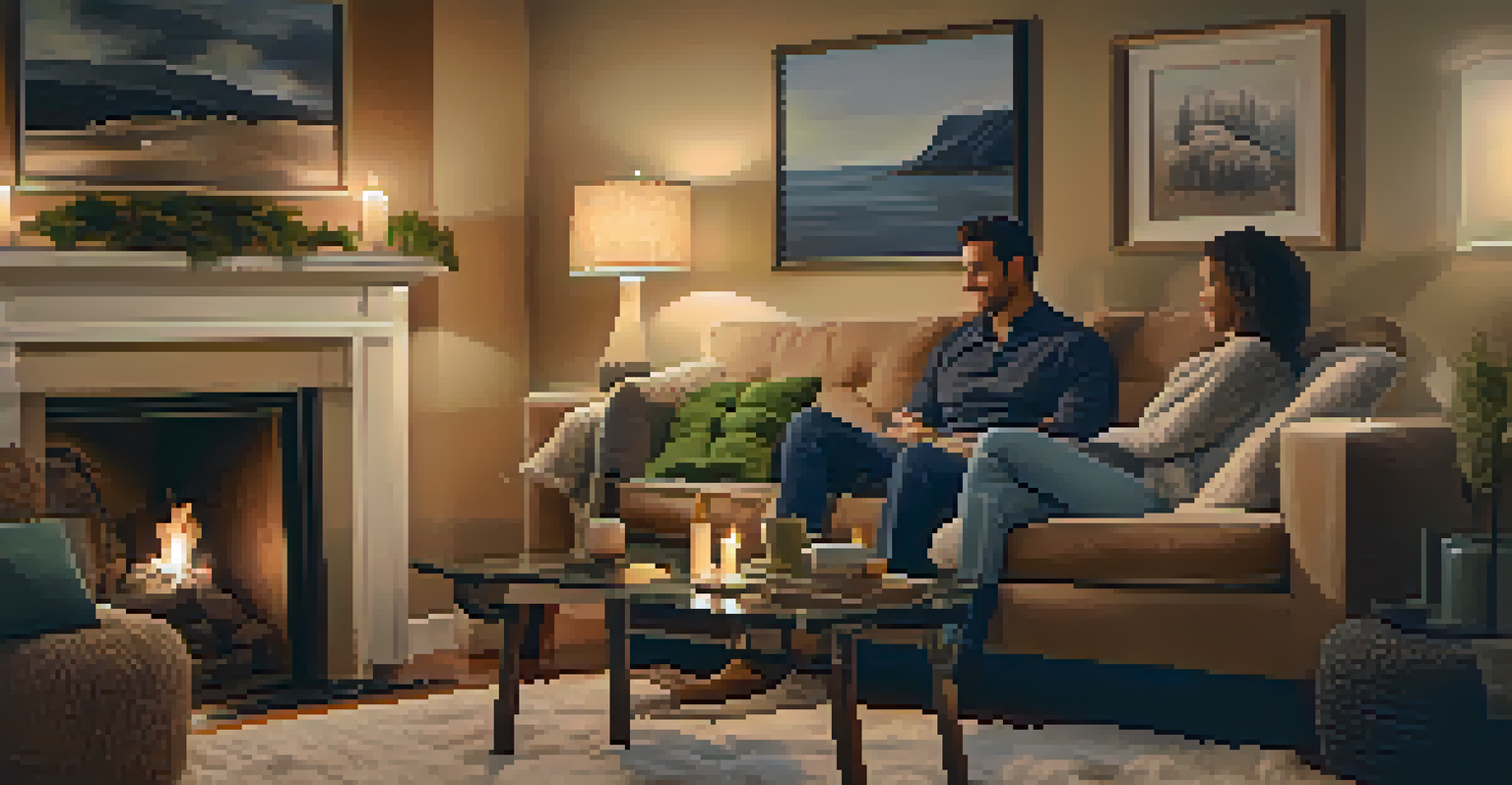 A couple having a heartfelt conversation in a cozy living room with warm lighting and family photos on the walls.