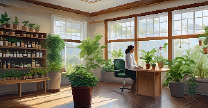 A peaceful naturopathic clinic with a practitioner and patient discussing health options amidst plants and herbal remedies.