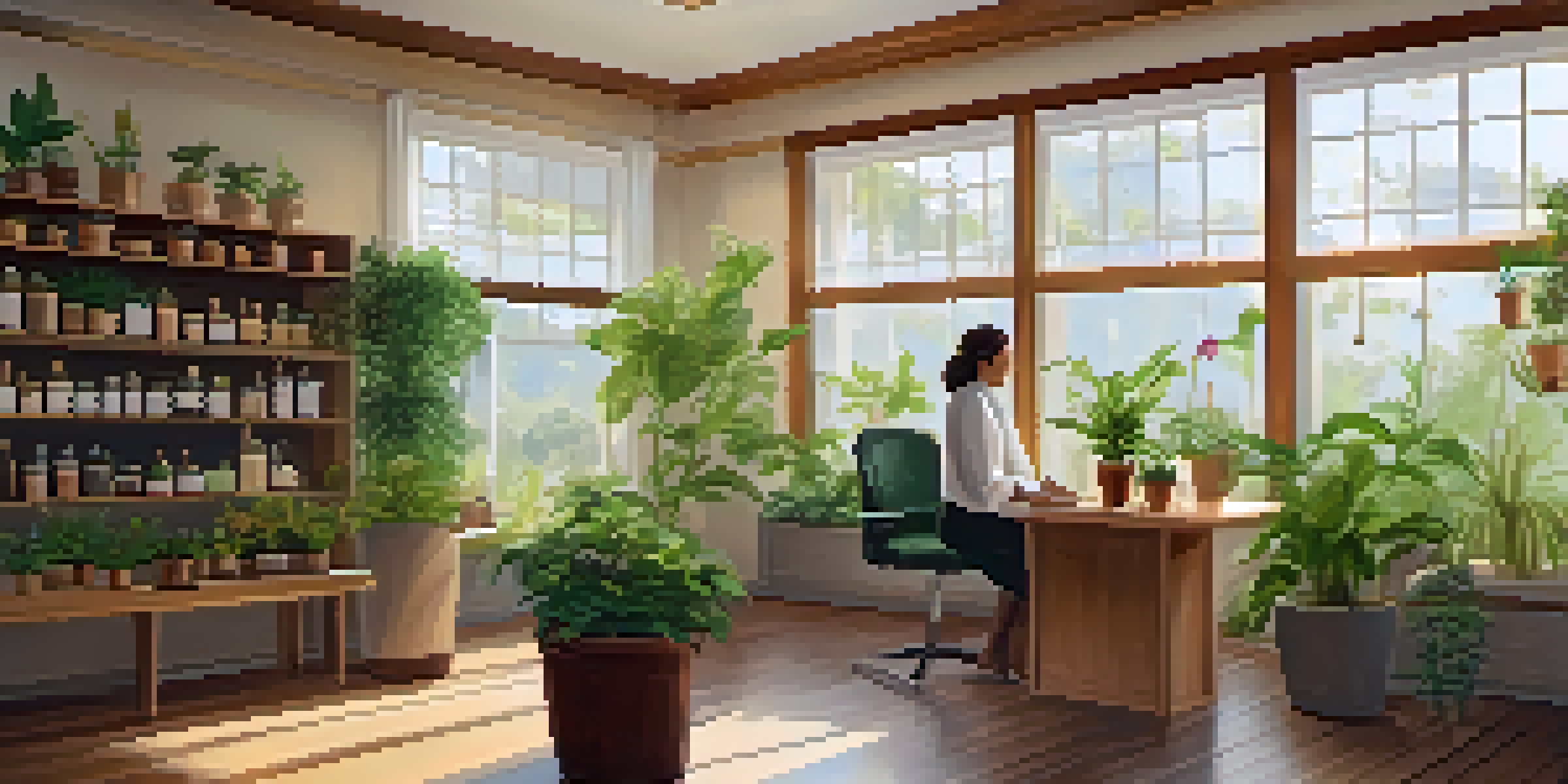 A peaceful naturopathic clinic with a practitioner and patient discussing health options amidst plants and herbal remedies.