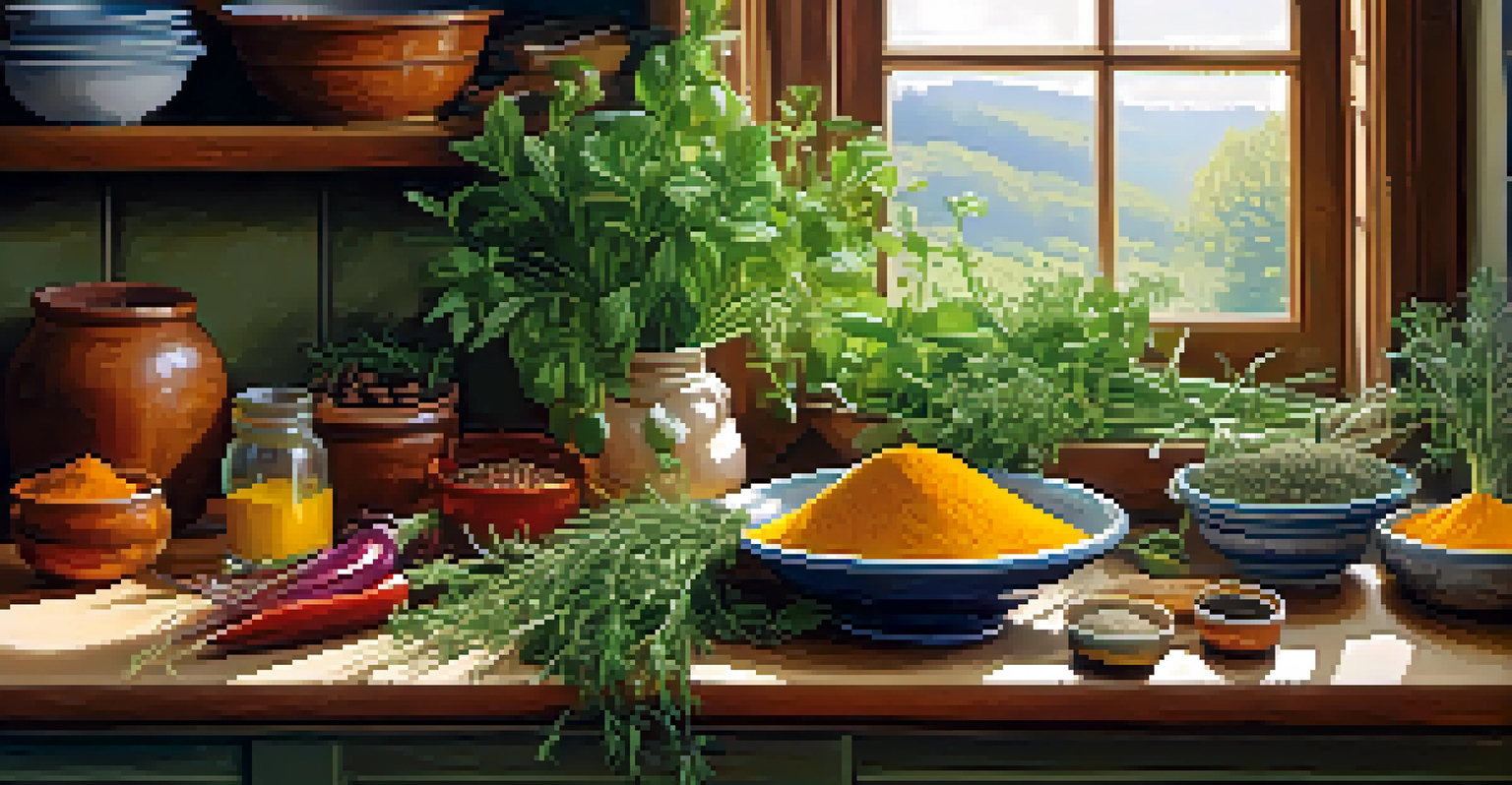 A cozy kitchen countertop with fresh herbs, colorful vegetables, and spices, illuminated by soft morning light streaming through a window.