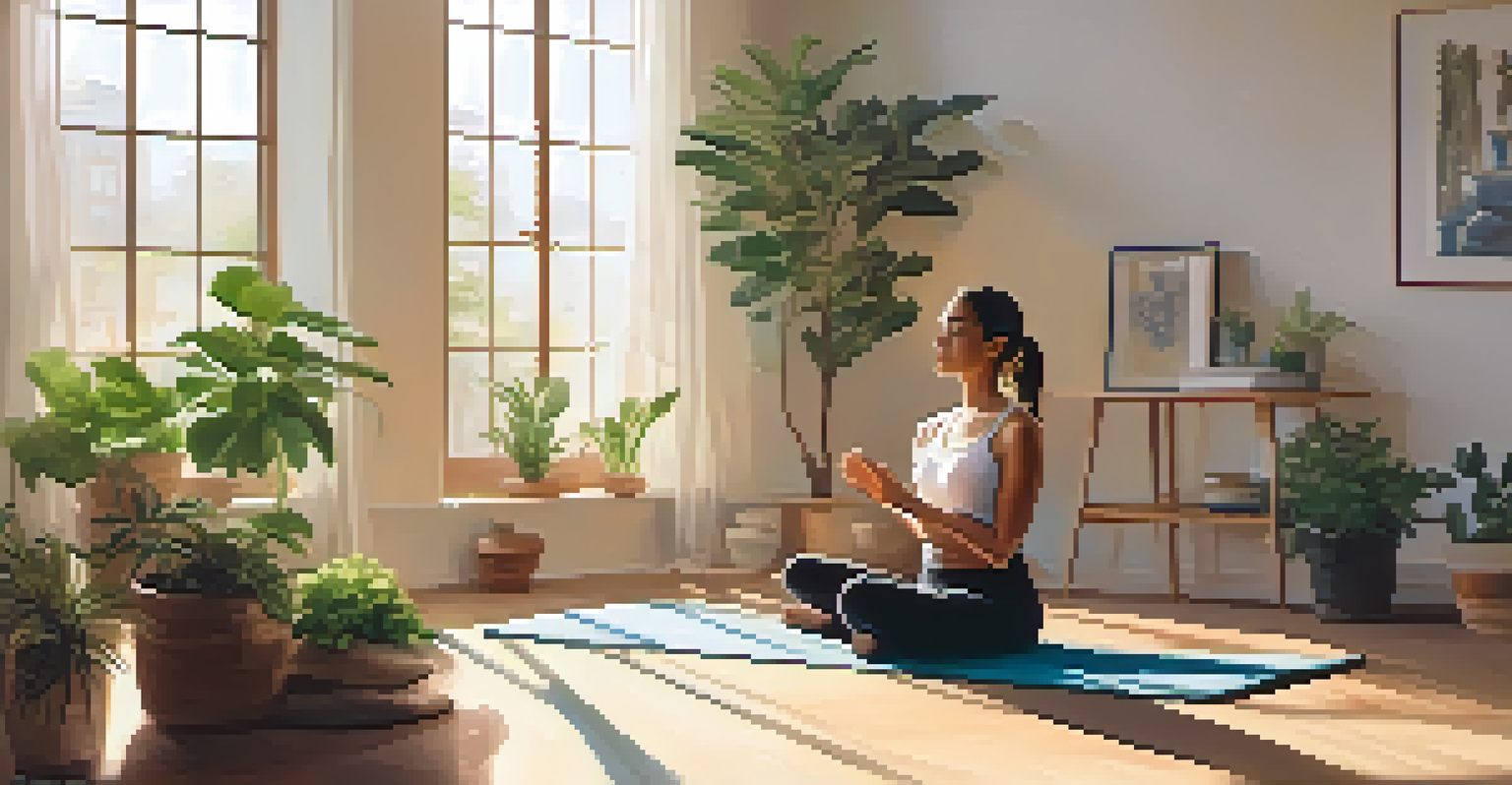 A person practicing yoga in a sunlit room, surrounded by plants and cushions, creating a serene and calming atmosphere.