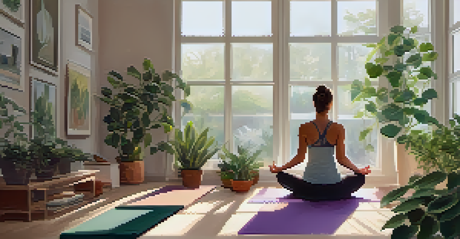 A tranquil yoga studio with a person meditating on a mat, surrounded by plants and softly lit candles.