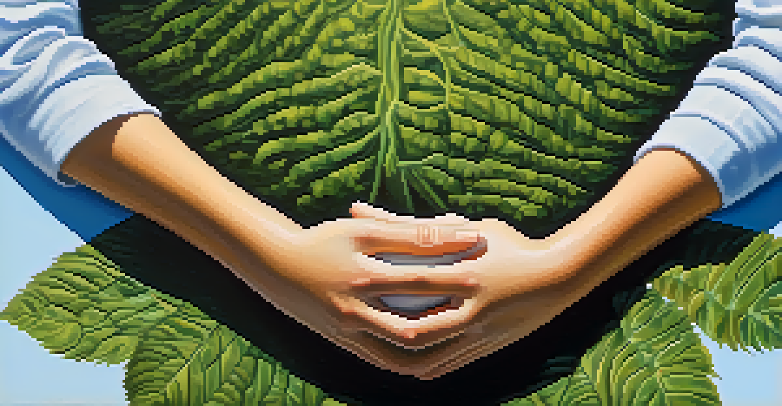 Close-up of a person's hands on their abdomen while practicing deep breathing outdoors in a peaceful park setting.