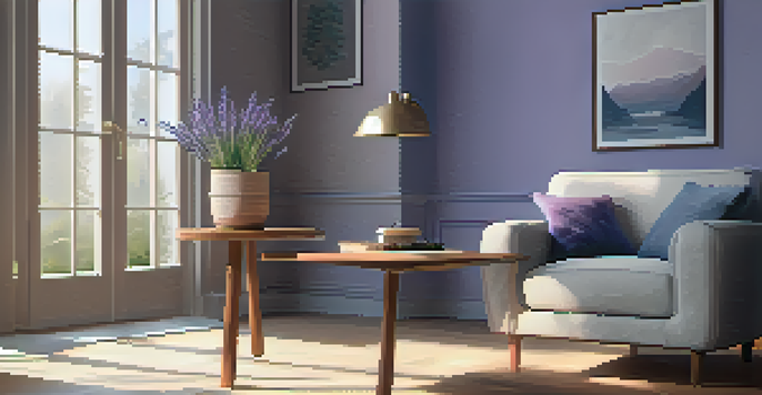 A cozy corner with a wooden diffuser, emitting lavender mist, soft natural light, a plush chair, a potted plant, and an open book.
