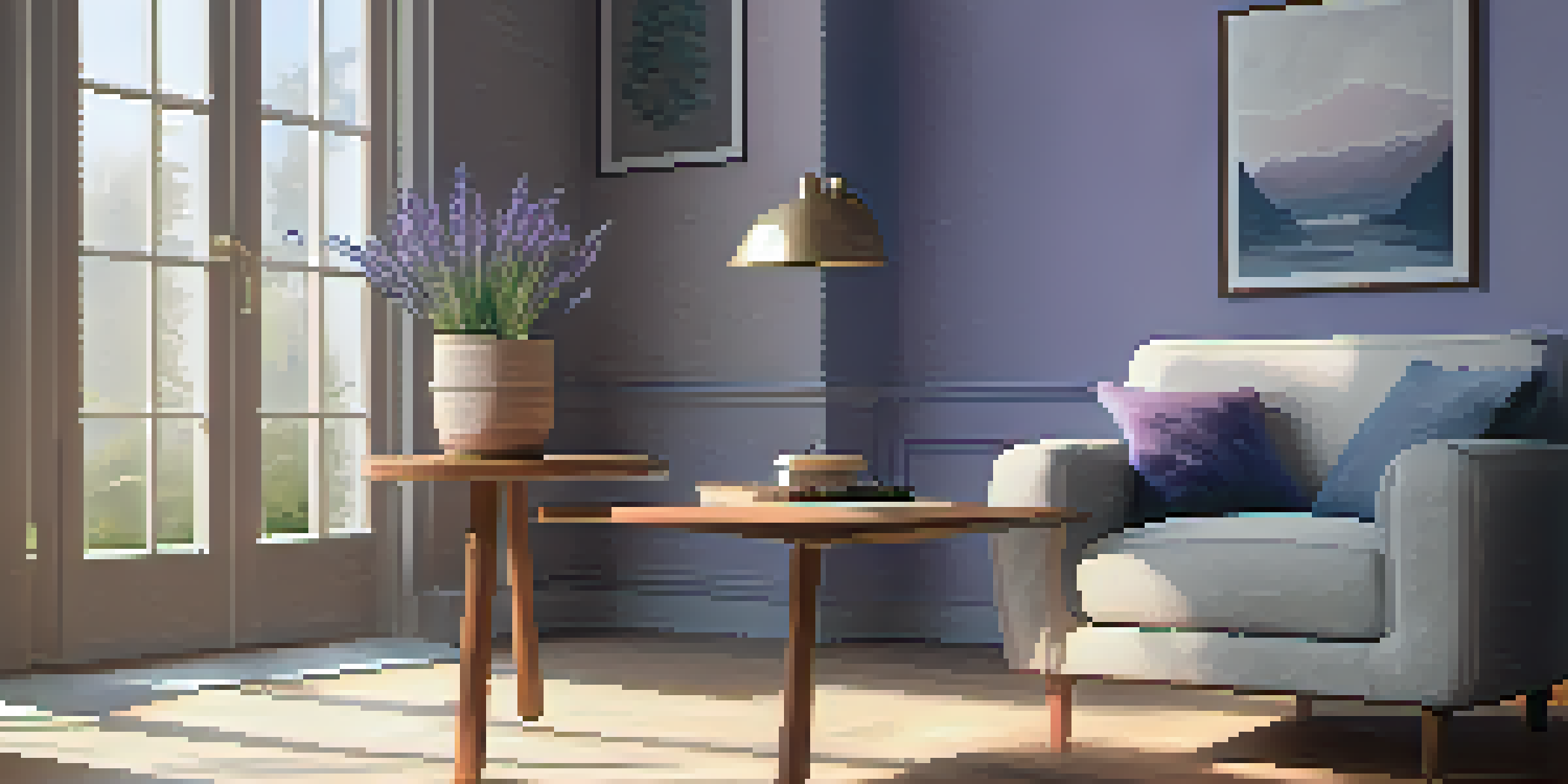 A cozy corner with a wooden diffuser, emitting lavender mist, soft natural light, a plush chair, a potted plant, and an open book.