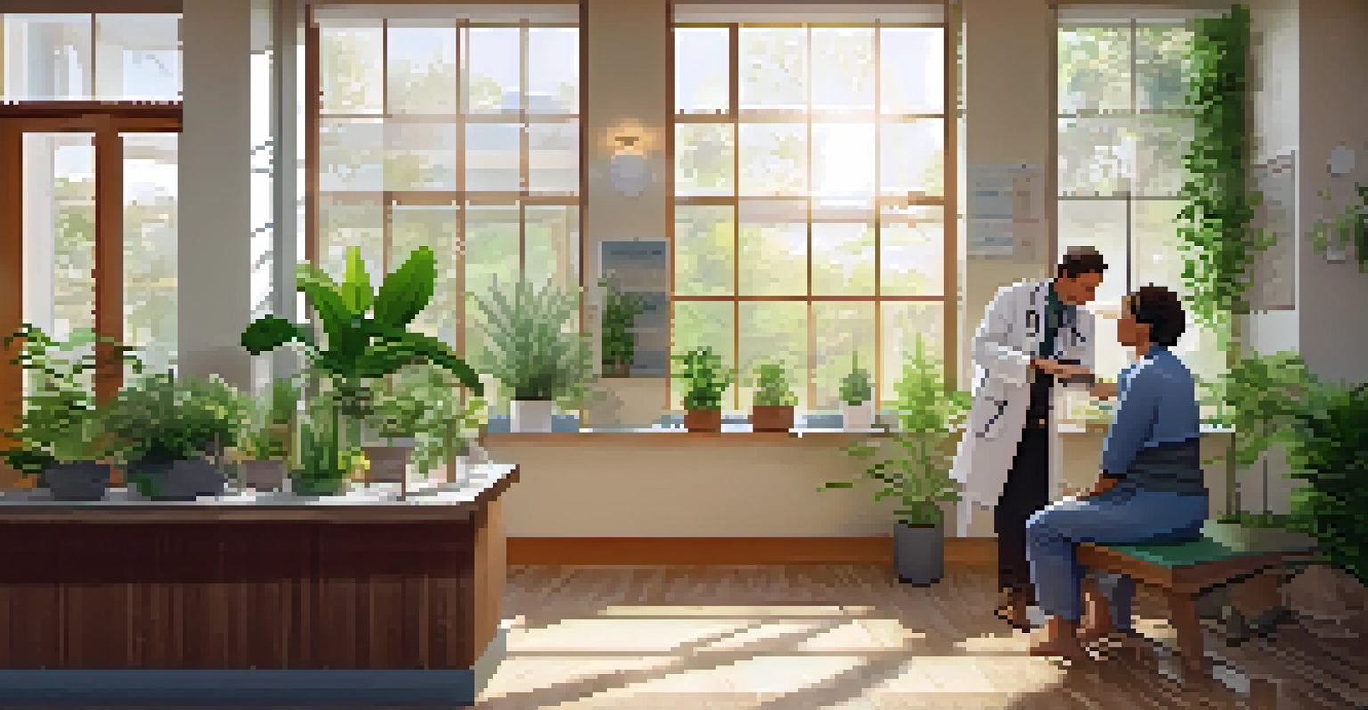 A naturopathic doctor in a clinic discussing treatment with a patient, surrounded by plants and natural decor, with sunlight streaming through the windows.