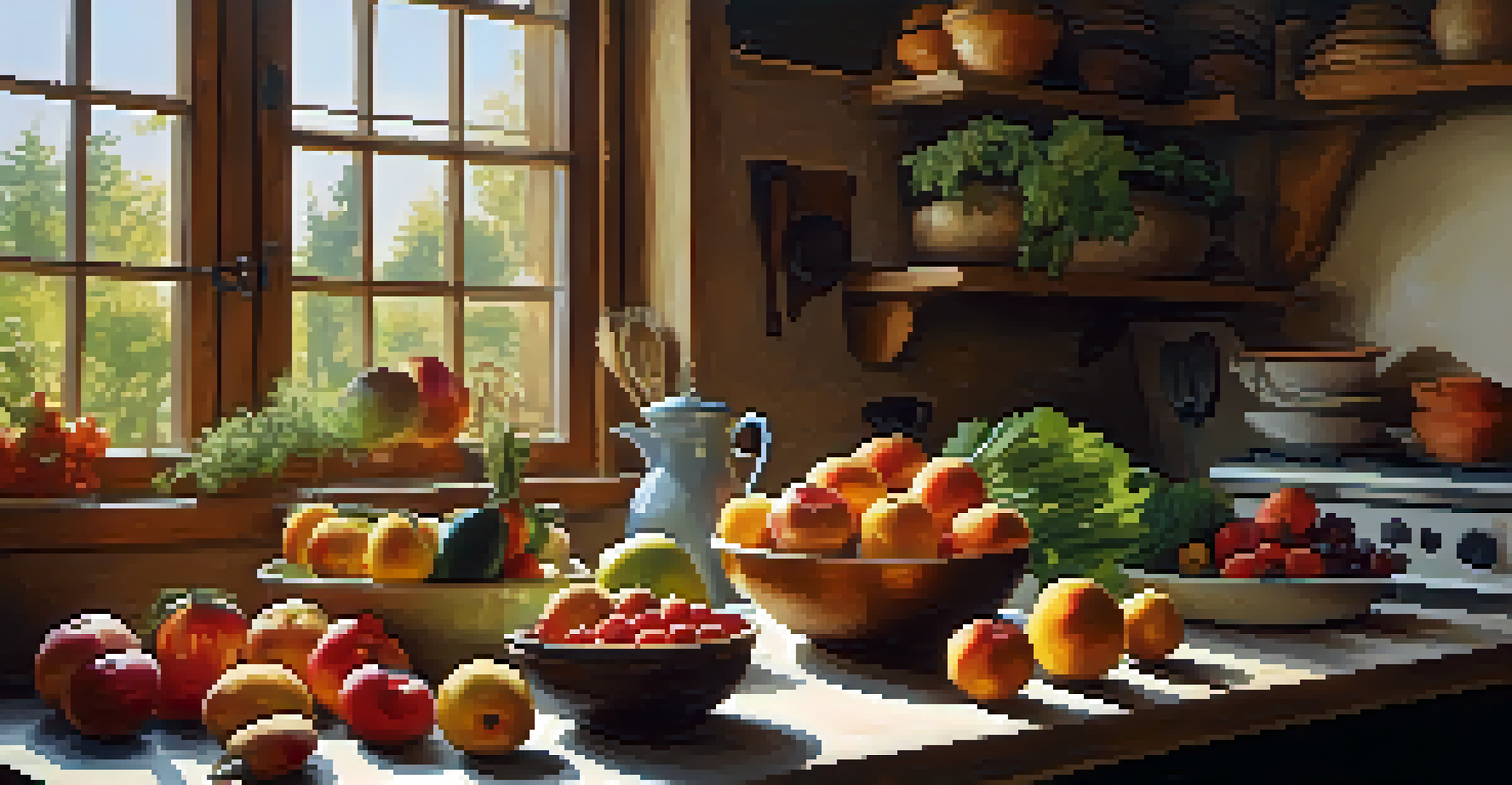 A rustic kitchen with organic fruits and vegetables on a wooden table, illuminated by warm sunlight.