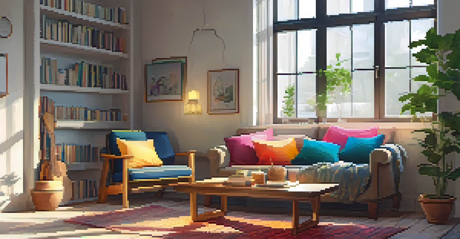 A bright and cozy indoor scene with sunlight streaming in, featuring a comfortable seating area with plants, books, and a cup of tea.