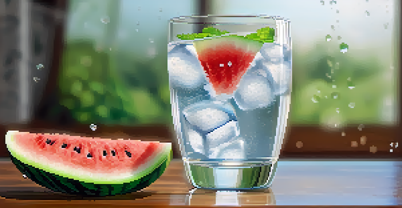 A glass of water with condensation, surrounded by fresh fruits, highlighting the importance of hydration.