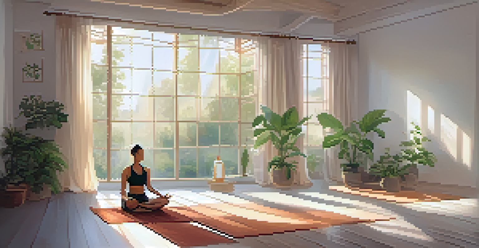A tranquil yoga studio with a person practicing yoga, surrounded by plants and soft natural light.