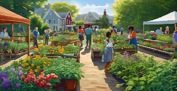 A community garden with diverse people gardening among herbal plants and vegetables, under bright sunlight and a wooden sign.