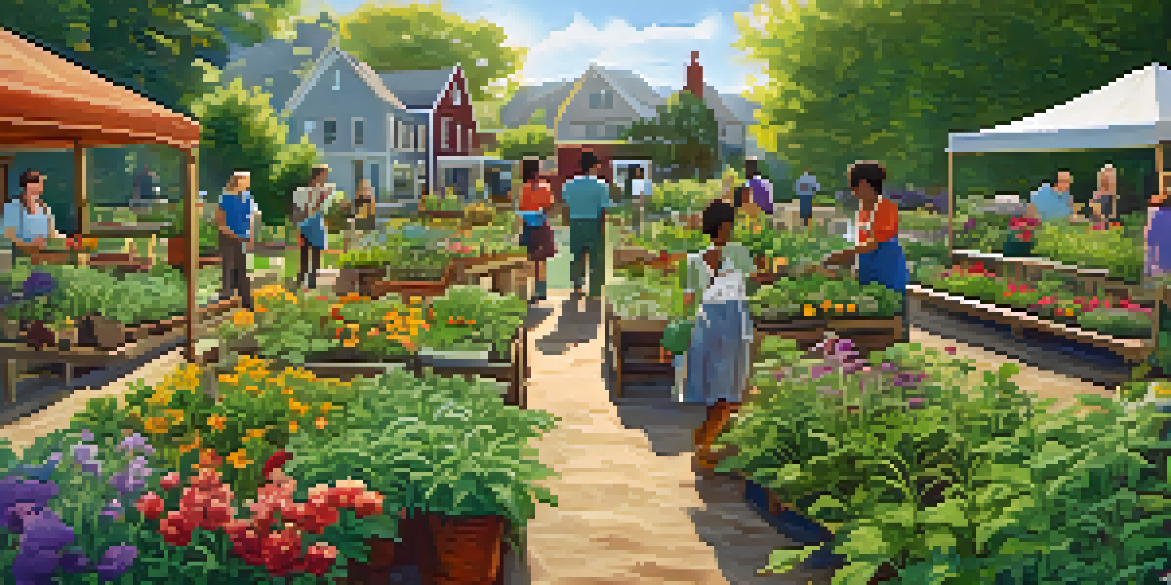 A community garden with diverse people gardening among herbal plants and vegetables, under bright sunlight and a wooden sign.