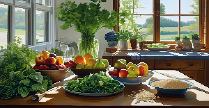 A bright kitchen with a wooden table filled with fresh vegetables, fruits, and whole grains, illuminated by sunlight.