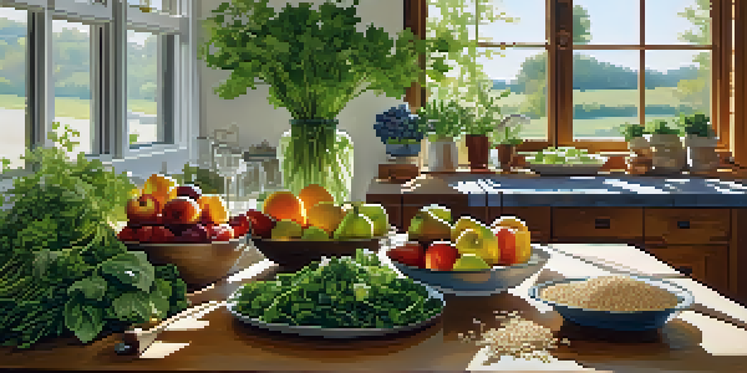 A bright kitchen with a wooden table filled with fresh vegetables, fruits, and whole grains, illuminated by sunlight.