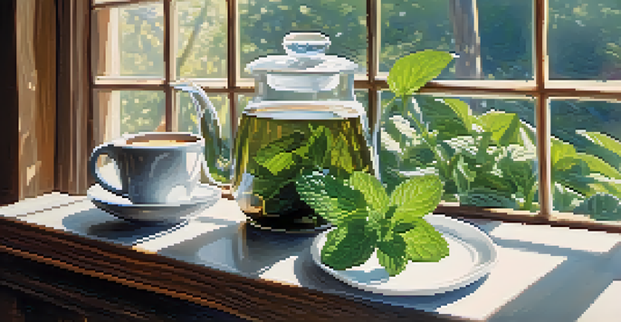 A cup of peppermint tea with fresh peppermint leaves on a wooden table in soft morning light.