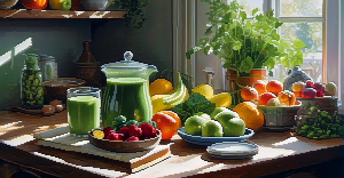 A bright kitchen filled with fresh fruits, vegetables, and herbs, with sunlight streaming in, showcasing a healthy cooking environment.