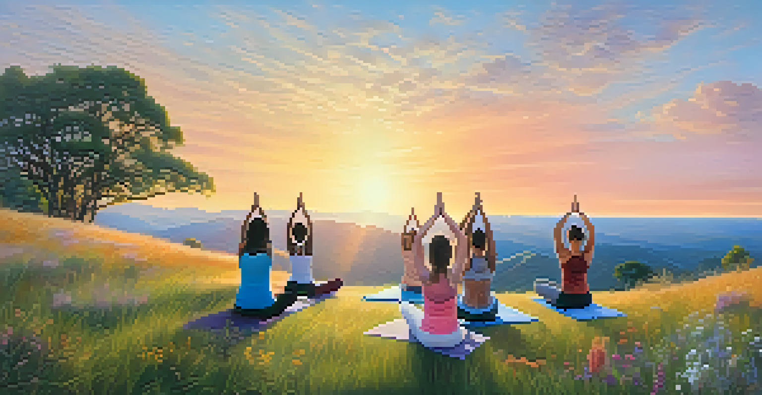 A group of people practicing yoga on a hilltop during sunrise, surrounded by wildflowers and a colorful sky.
