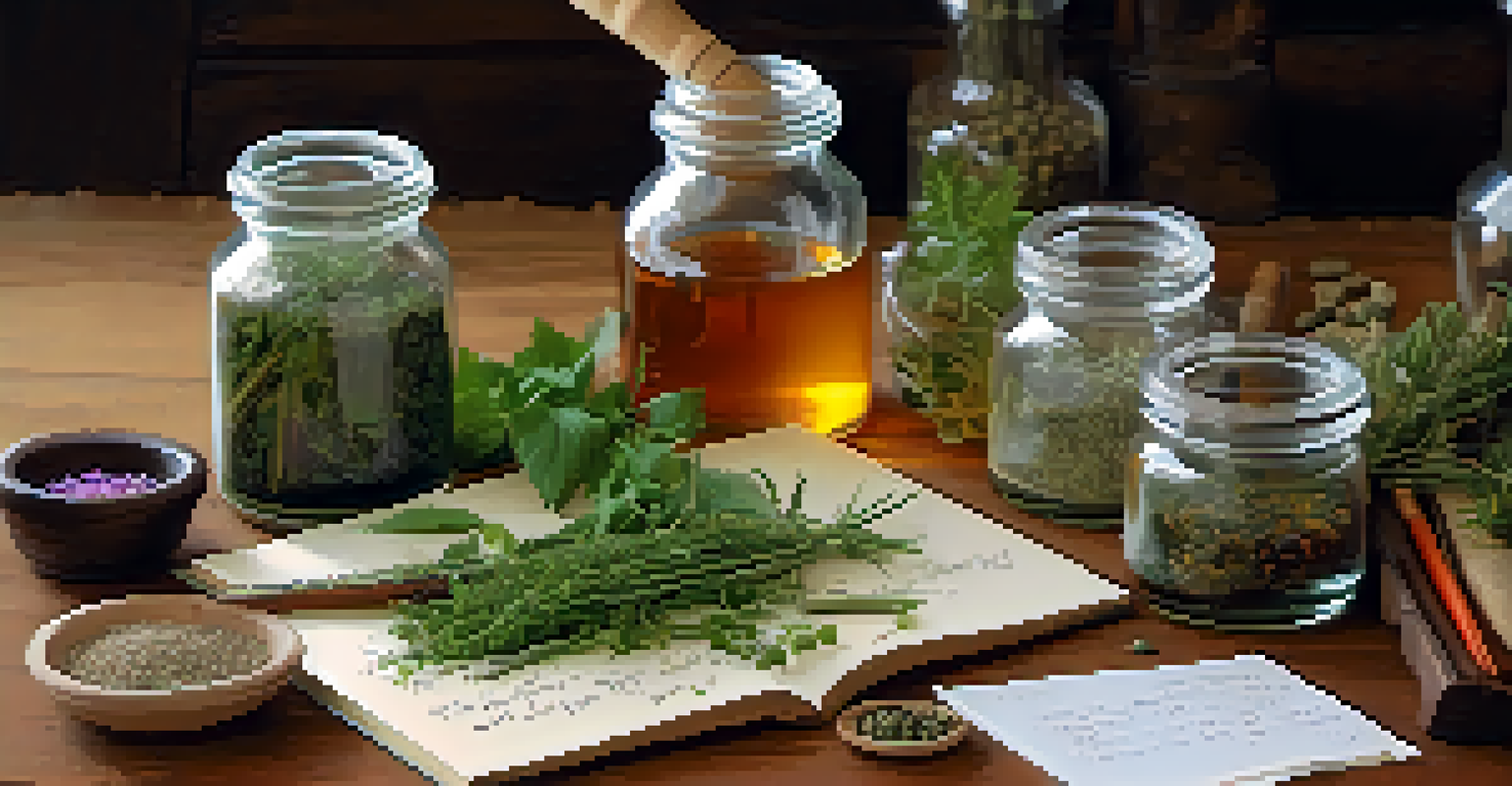 A close-up of a naturopathic practitioner preparing herbal remedies with jars of herbs, a mortar and pestle, and an open notebook on a wooden table.