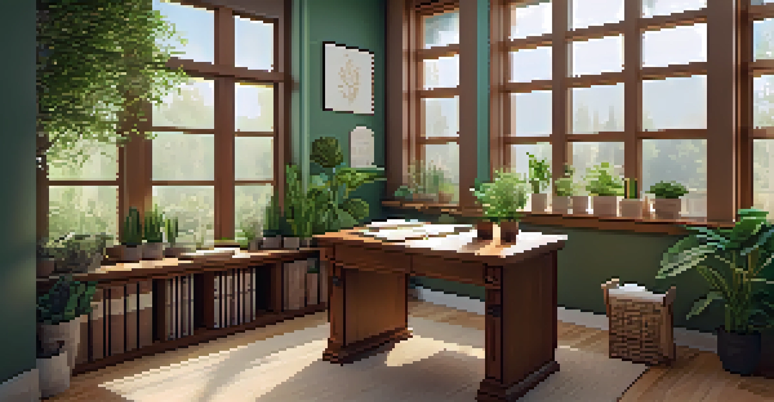 A cozy naturopathic consultation room with a wooden desk, herbal remedies, and plants, illuminated by natural light from a large window.
