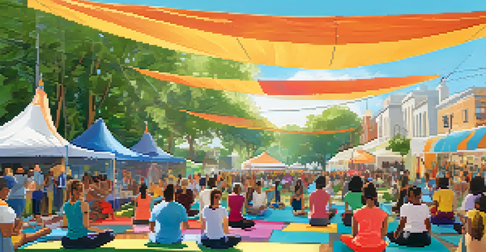 A lively community wellness fair with people practicing yoga, cooking, and engaging in health discussions under bright tents.