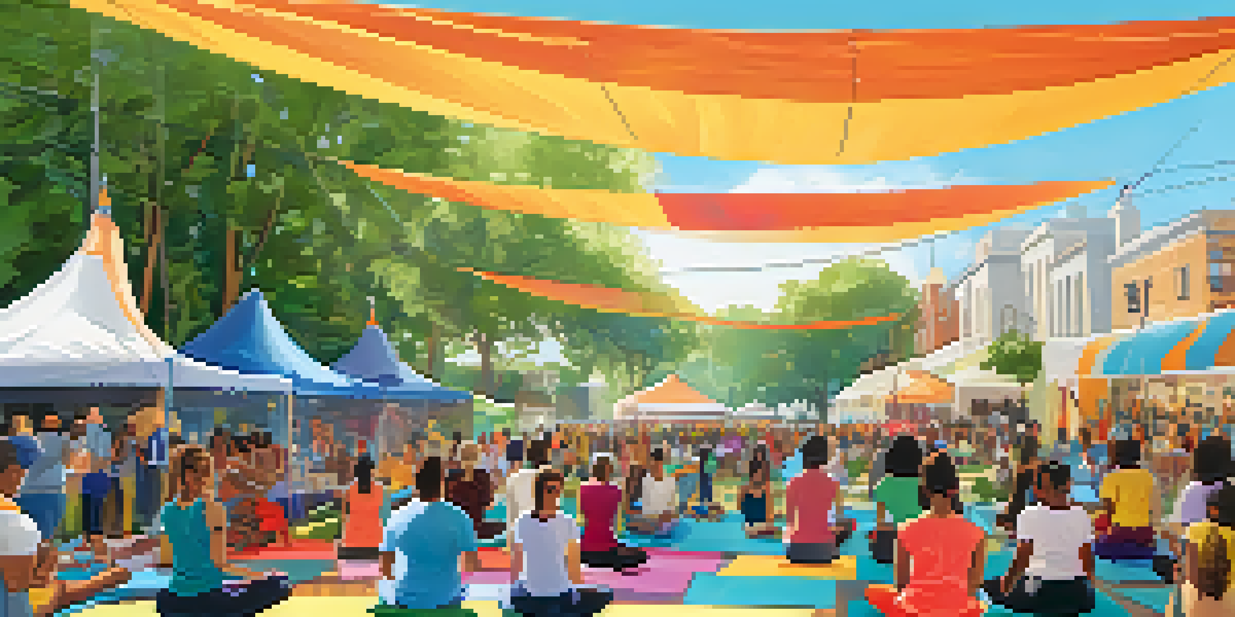 A lively community wellness fair with people practicing yoga, cooking, and engaging in health discussions under bright tents.