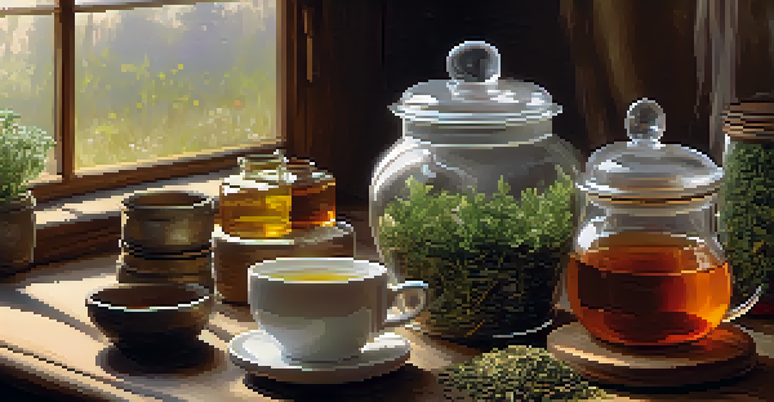 A cozy herbal tea setup with jars of dried herbs and a steaming cup, evoking a sense of relaxation and natural healing.