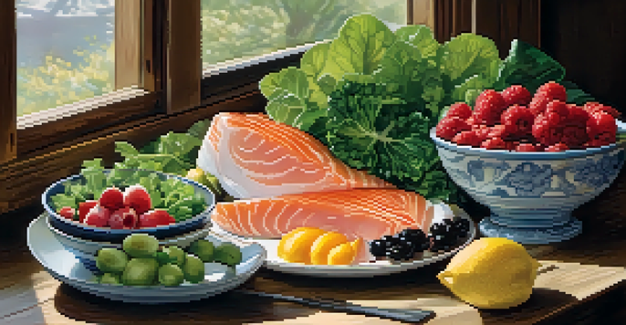 A plate filled with colorful nutrient-dense foods like leafy greens, berries, and fatty fish on a rustic wooden table, illuminated by soft natural light.