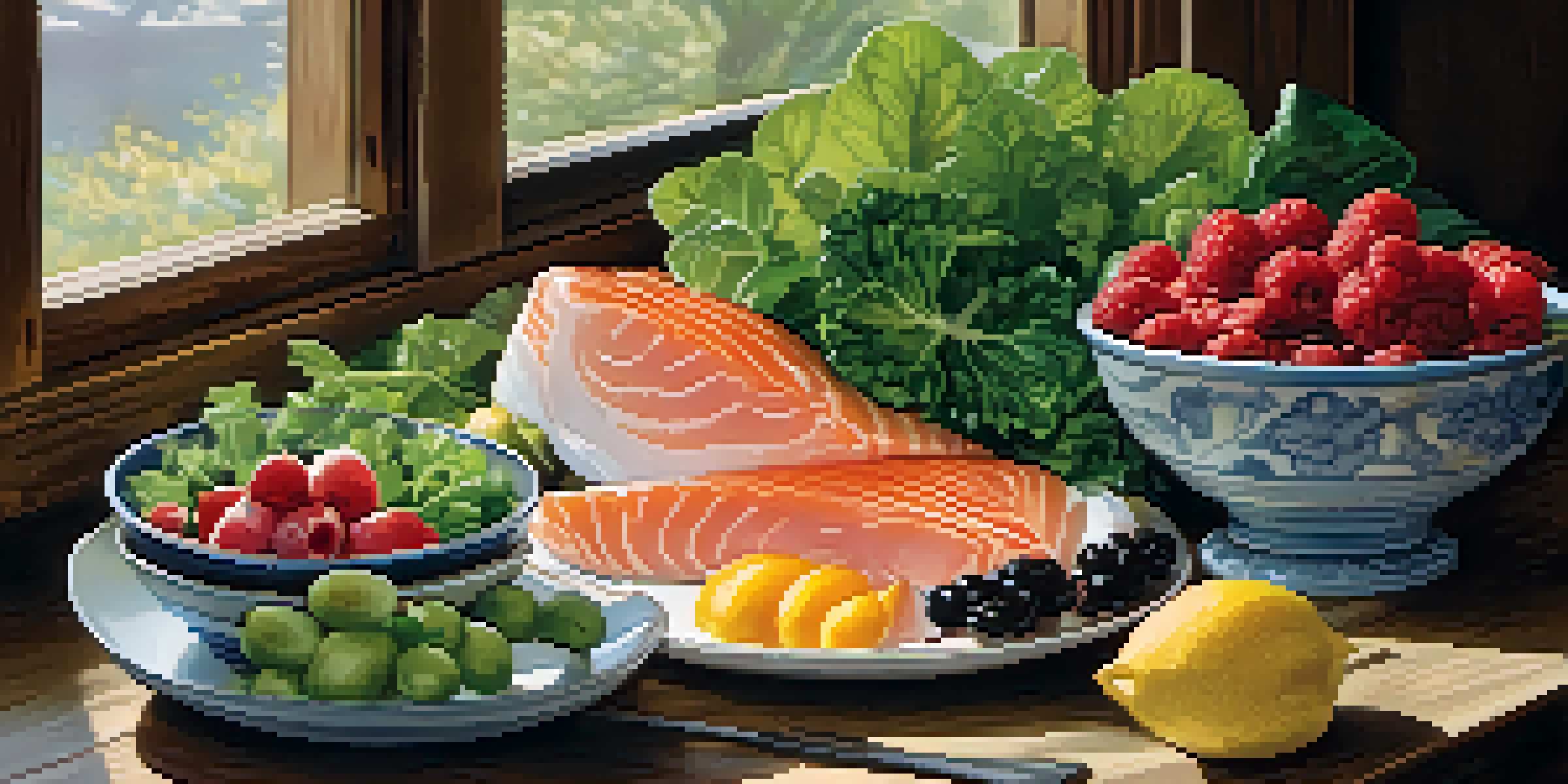A plate filled with colorful nutrient-dense foods like leafy greens, berries, and fatty fish on a rustic wooden table, illuminated by soft natural light.