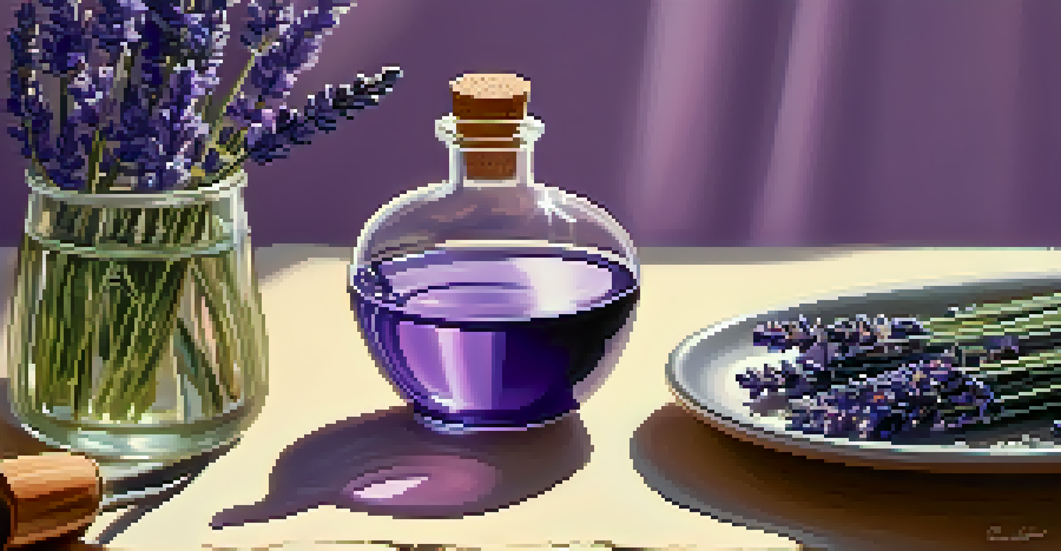 A close-up of lavender essential oil being poured into a bowl with fresh lavender sprigs around it.