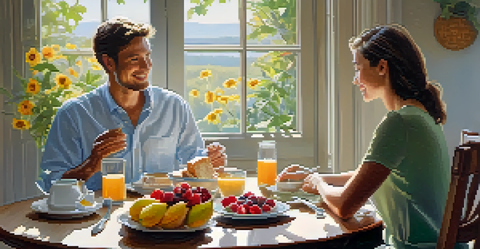 A couple enjoying a healthy breakfast together at a wooden table with sunlight streaming in, sharing smiles and conversation.
