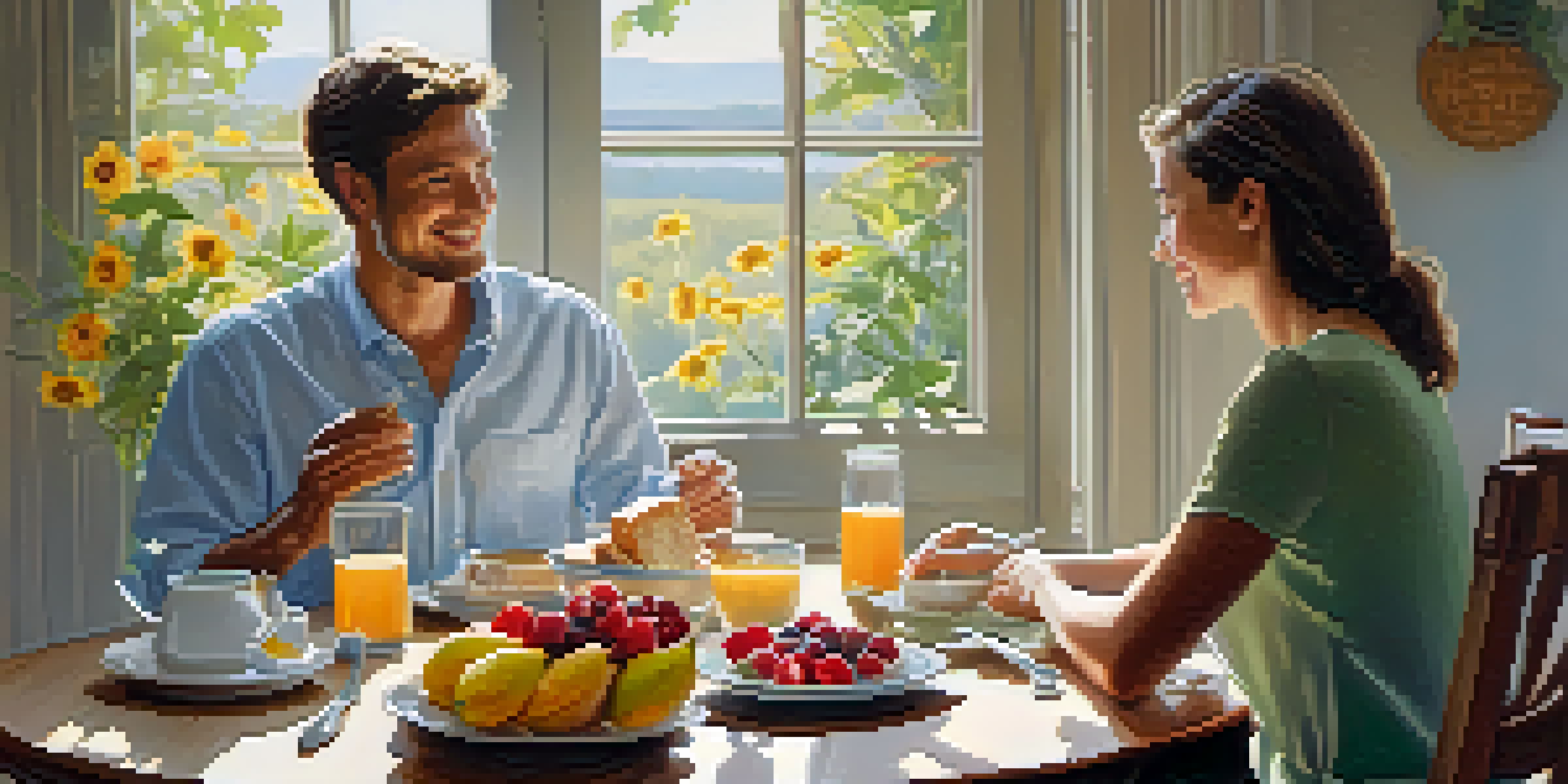 A couple enjoying a healthy breakfast together at a wooden table with sunlight streaming in, sharing smiles and conversation.