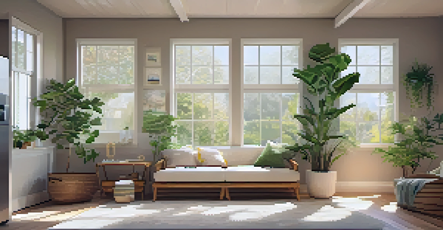 A cozy home interior with indoor plants and an air purifier, bathed in soft lighting, showcasing a clean and inviting space.