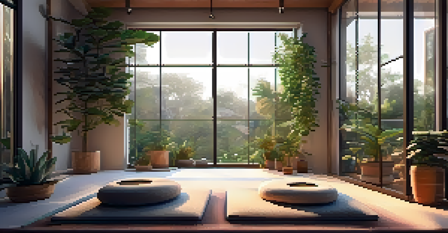A cozy indoor meditation space with cushions, plants, and a glowing candle, inviting a sense of peace and tranquility.