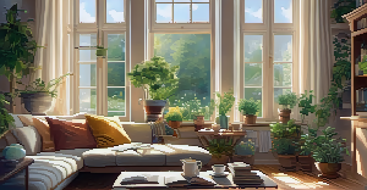 A cozy living room scene with a person reading a book and sipping herbal tea, surrounded by plants and a view of a garden outside.
