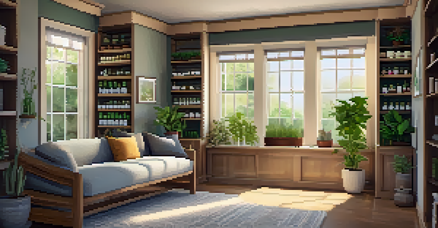 A warm naturopathic consultation room filled with plants, herbal remedies, and natural light, creating a welcoming atmosphere.