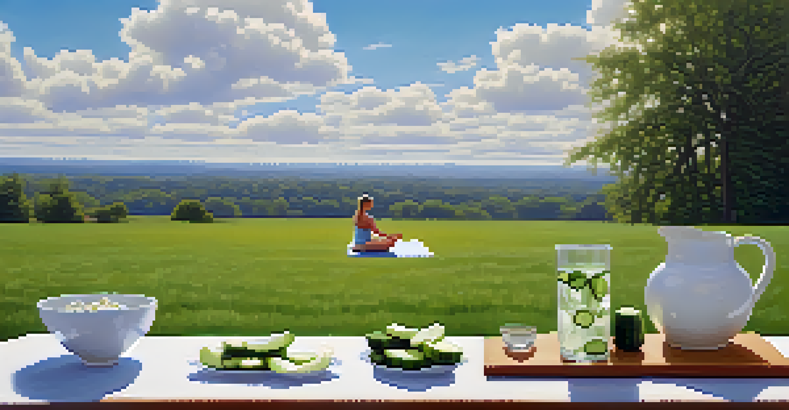 A person practicing yoga in a grassy field, with a table of infused water and yogurt snacks in the foreground, under a bright blue sky.