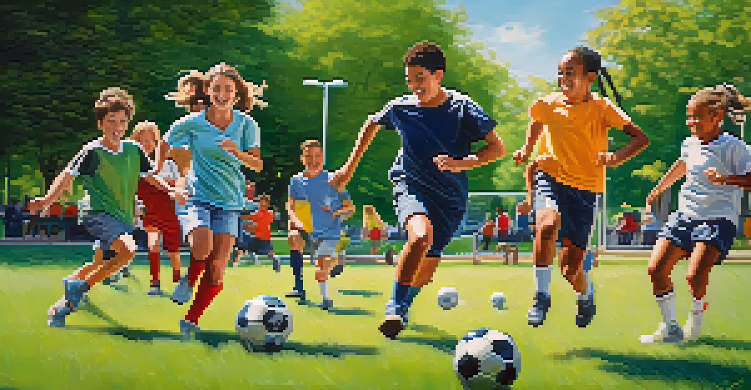 A group of friends playing soccer in a sunny park, highlighting their teamwork and enjoyment in a vibrant outdoor setting.