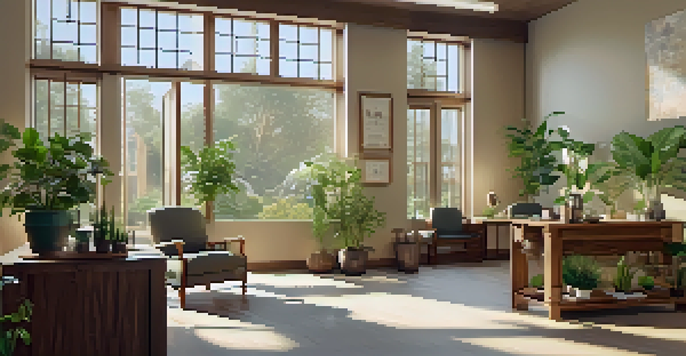 A peaceful naturopathic clinic with wooden furniture, plants, and natural light, creating a calming atmosphere.
