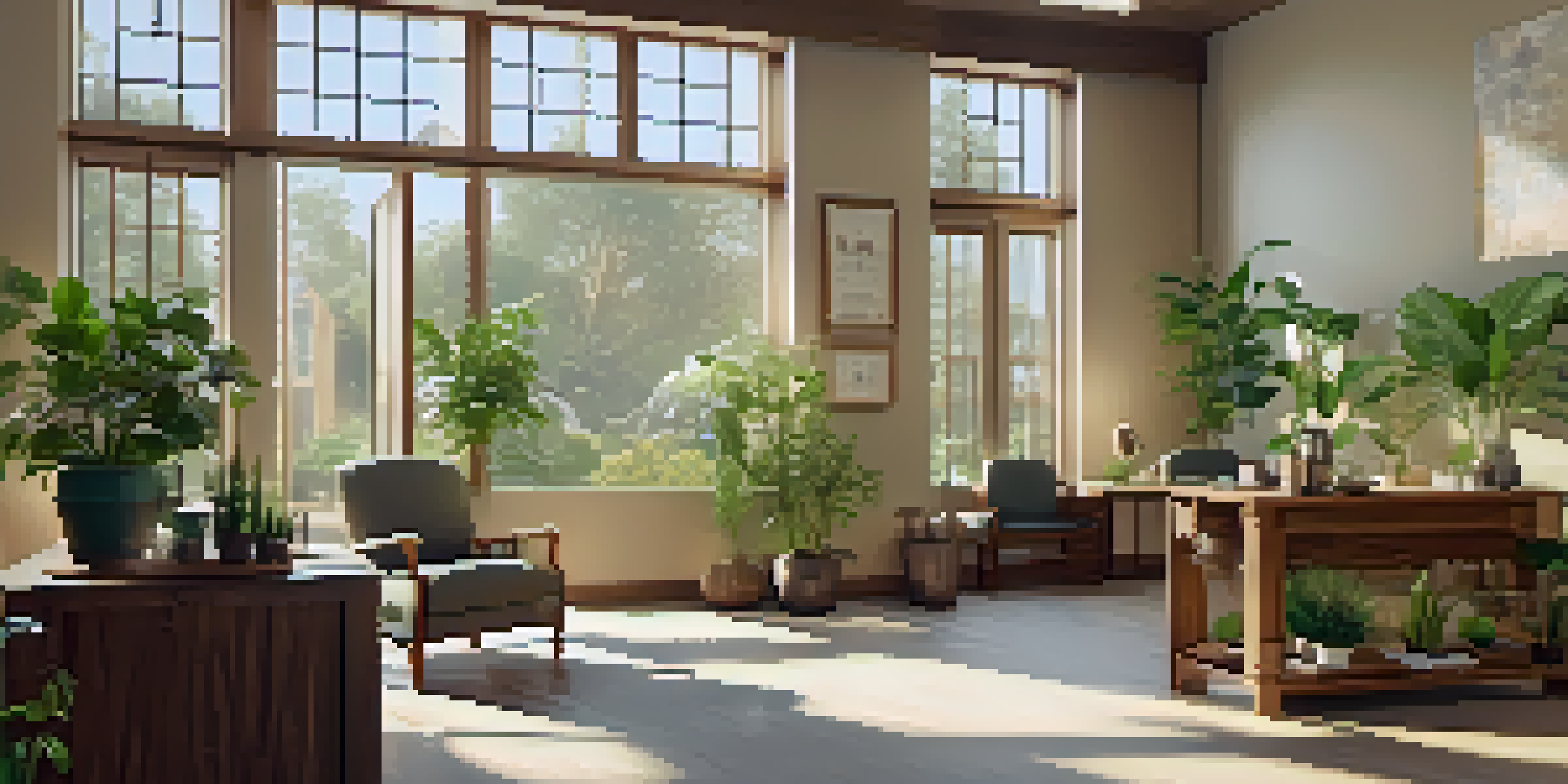 A peaceful naturopathic clinic with wooden furniture, plants, and natural light, creating a calming atmosphere.