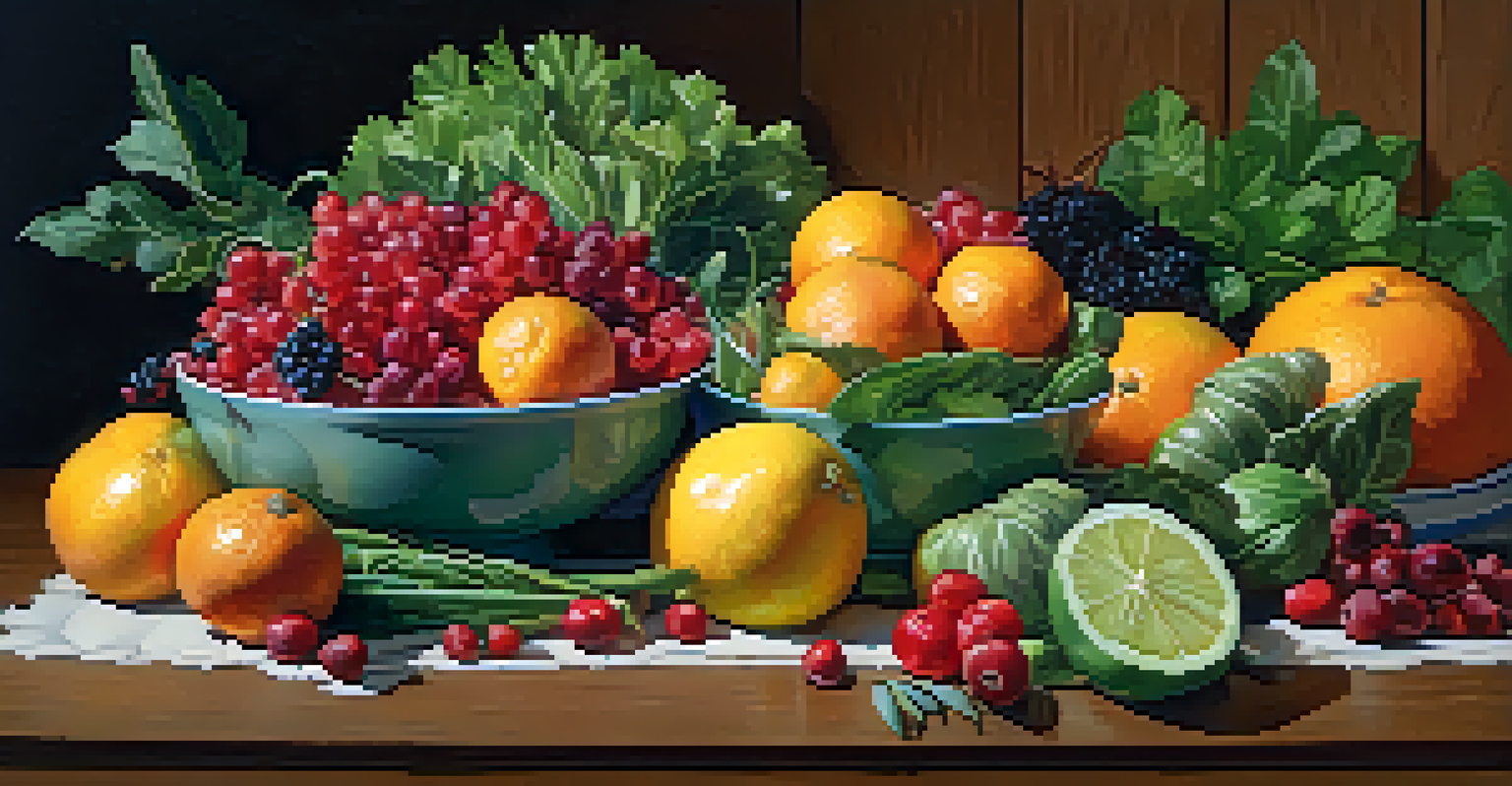 A colorful display of winter fruits and vegetables on a wooden table, showcasing citrus fruits, berries, and greens.