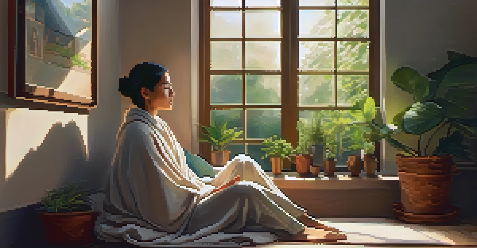 A person meditating in a cozy nook, surrounded by cushions and natural light from a window.