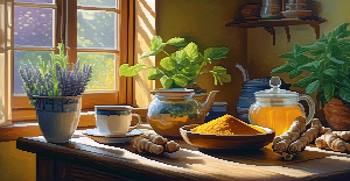 A cozy kitchen scene featuring fresh ginger roots, turmeric, and a steaming cup of ginger tea on a wooden table with sunlight streaming through a window.