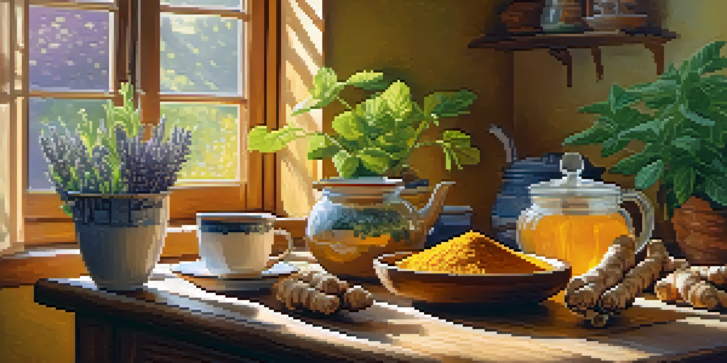 A cozy kitchen scene featuring fresh ginger roots, turmeric, and a steaming cup of ginger tea on a wooden table with sunlight streaming through a window.