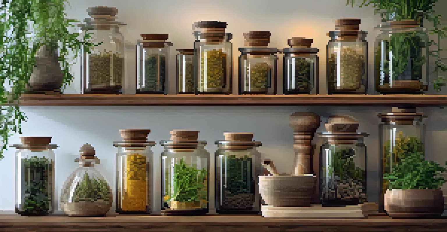 A cozy herbal apothecary filled with jars of dried herbs and a mortar and pestle.
